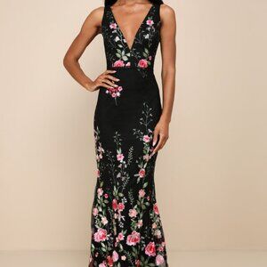 Lulus Soiree Blossom Black Floral Embroidered Mermaid Maxi Dress - Size XL